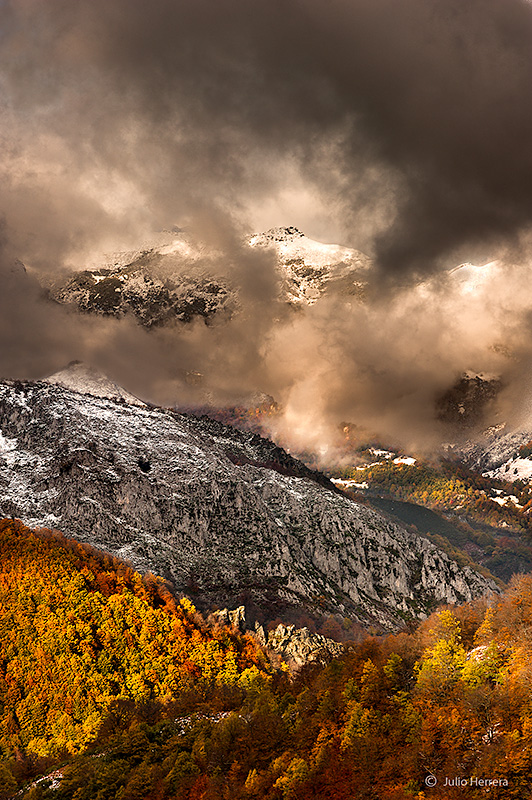 Fotografía de un hayedo en el otoño con varios valles que se creuzan entre ellos y la niebla cubriendo algunos valles. El bosque con tonos amarillos y las montañas altas con las primeras nevedas del invierno