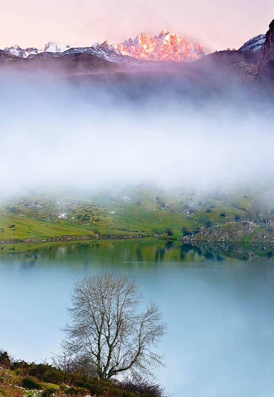 Bruma en el lago Enol en el Parque Nacional Picos de Europa en Asturias.